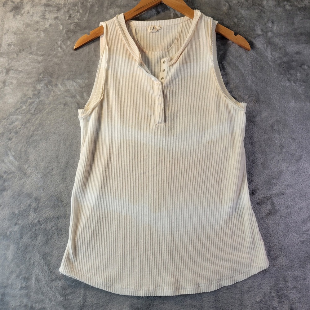 POL Womens M Ribbed Tie‎ Dye Henley Tank Top Beige Boho Casual